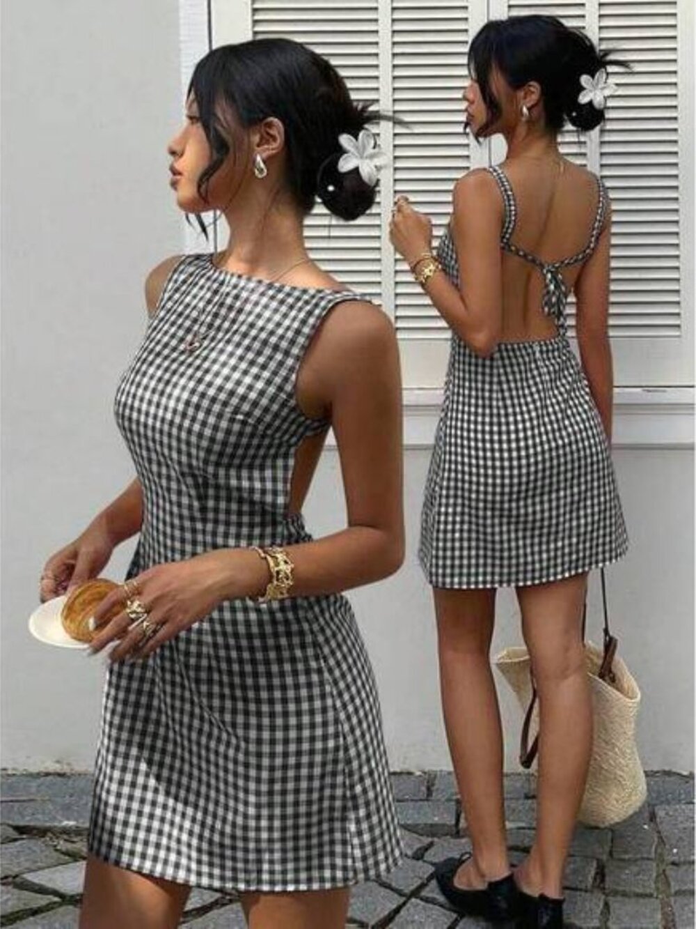 MainGRL Black & White Plaid Woven Backless Mini Dress For Checkered Dress